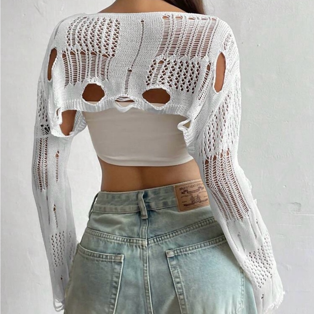White Cozy Knit Poncho Shrug - Picture 2 of 9
